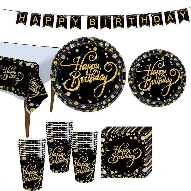 Gold Black Party Happy Birthday Banner Disposable Tableware Pink Paper Cups Plate Napkins For Kids Birthday Party Decor Supplies