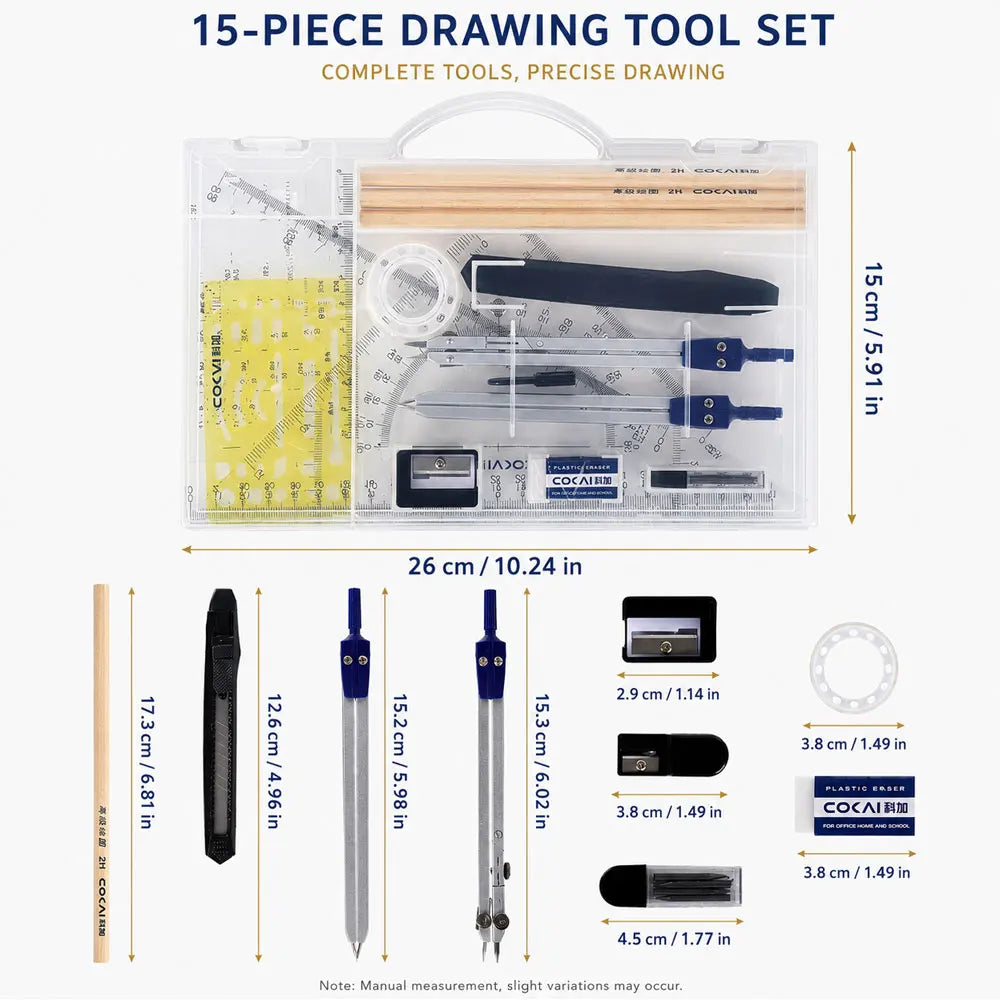 15-Piece Geometric Drawing Set – High-Quality Compass Set, Practical Math Tool Kit, Professional School Drafting Tools.