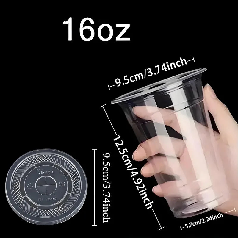 50PCS Clear Disposable Plastic Cups Flat Lids Drinking Cup for Party Wedding Ice Coffee Milkshakes Smoothies Cold Drinks