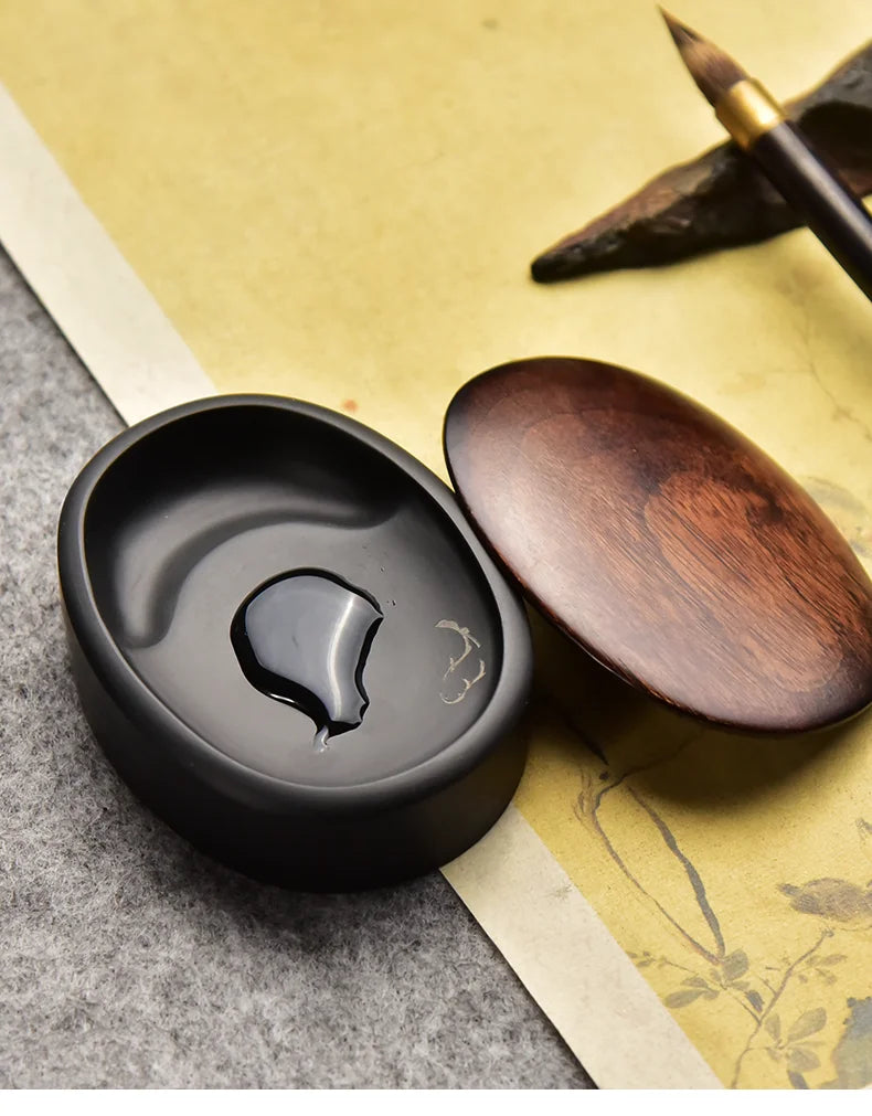 Small Portable Ink stone Chinese Style Calligraphy Regular Script Ink Stone Students Brush Writing Raw Stone She Inkstone