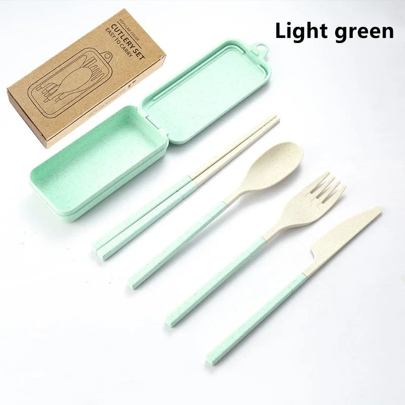 4Pcs Portable Tableware Set Wheat Straw Dinnerware Detachable Cutlery Travel Tableware Picnic Dinnerware Set Camping Cutlery Set