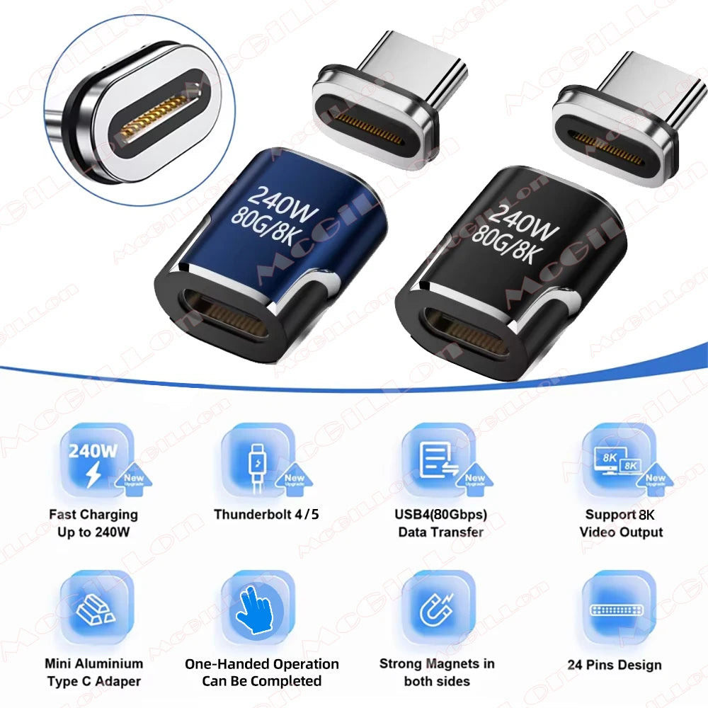 Mini USB4 80Gbps 240W Thunderbolt5/4 Magnetic Adapter USB C To Type C Fast Charge Magnet Converter Cable 8K@60Hz Type C Adapter