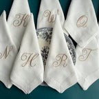 Script Font Monogram Embroidered White Dinner Cloth Napkins, White Housewarming Gift Wedding Event Napkin