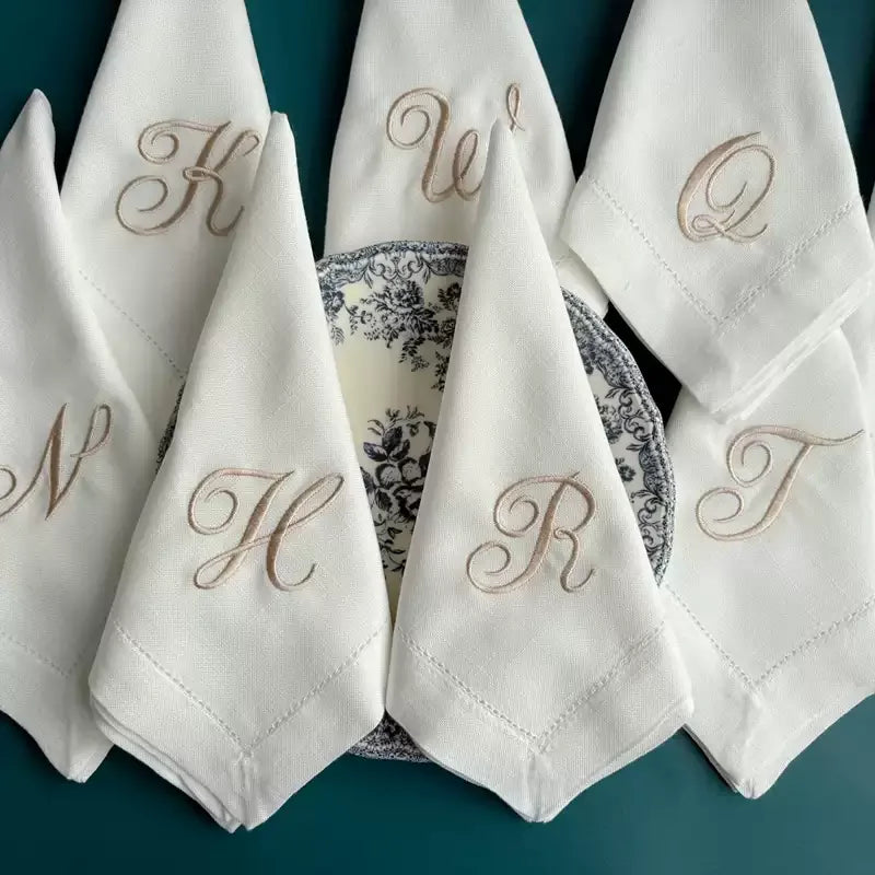 Script Font Monogram Embroidered White Dinner Cloth Napkins, White Housewarming Gift Wedding Event Napkin