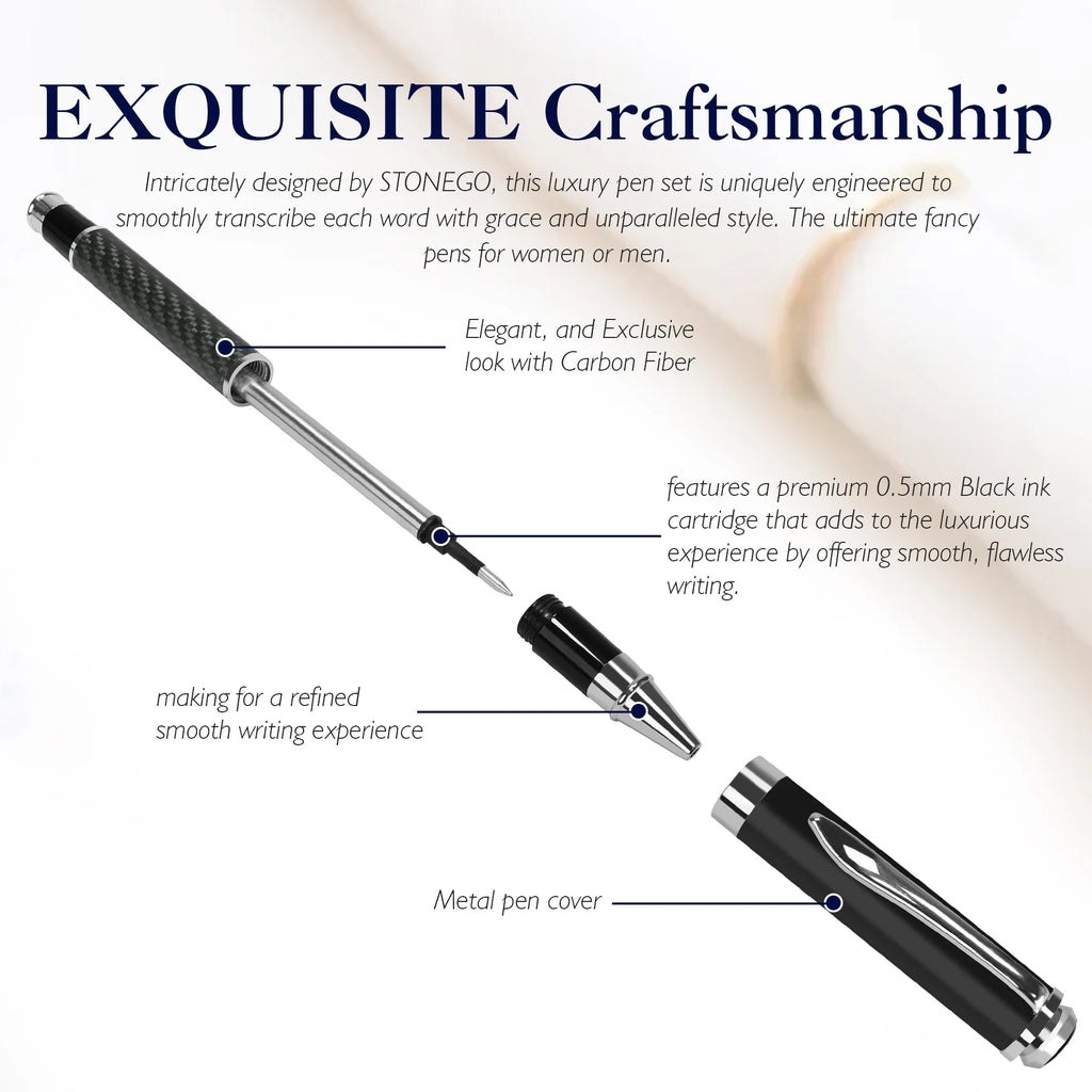 STONEGO Carbon Fiber Signature Pen, Premium Metal Gel Ink Pens Micro Point 0.5mm Black Ink Smooth Writing Ball Pen