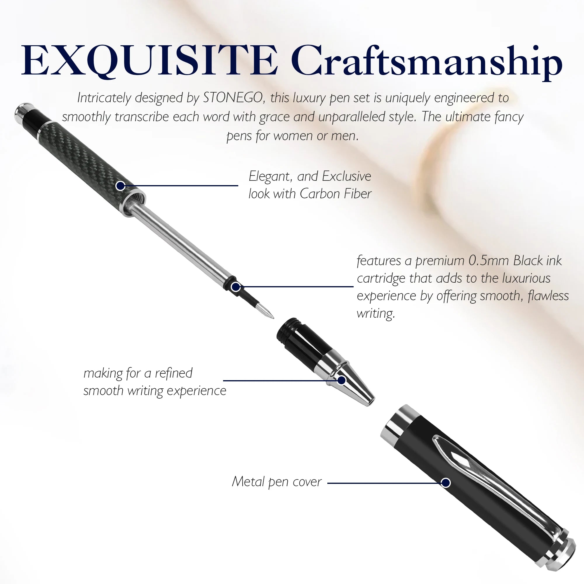 STONEGO Carbon Fiber Signature Pen, Premium Metal Gel Ink Pens Micro Point 0.5mm Black Ink Smooth Writing Ball Pen