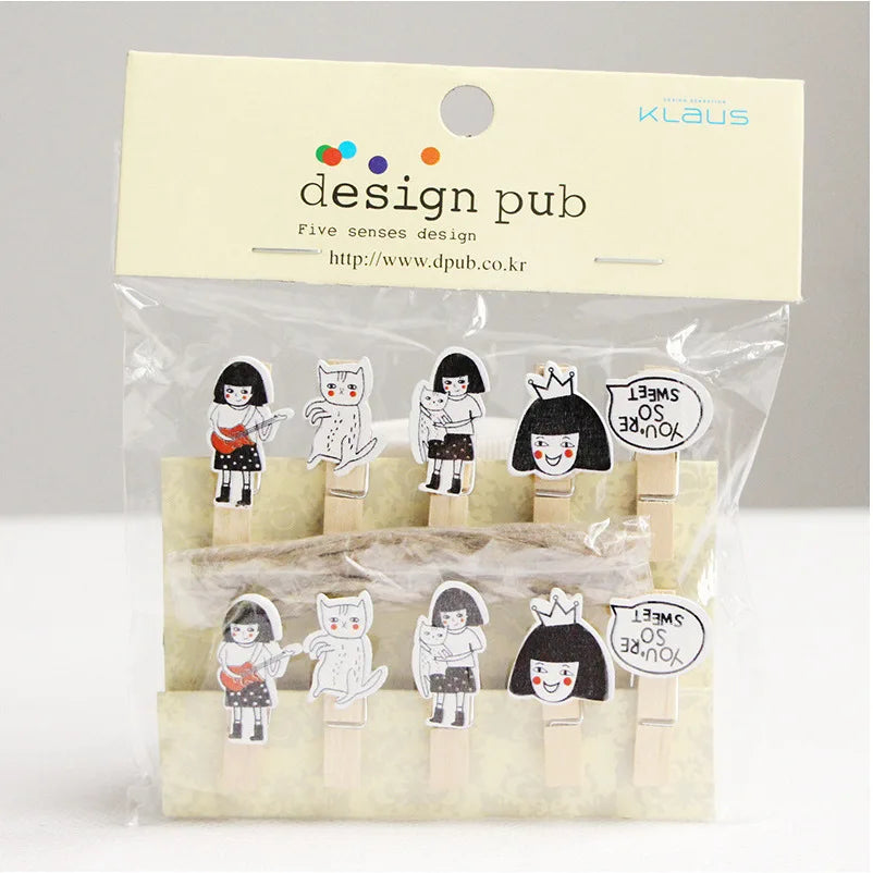 10 Pcs/Lot Creative Cartoon Animal Wooden Clip With Hemp Rope Photo Paper Clothespin Craft Clips Party Decoration Clip