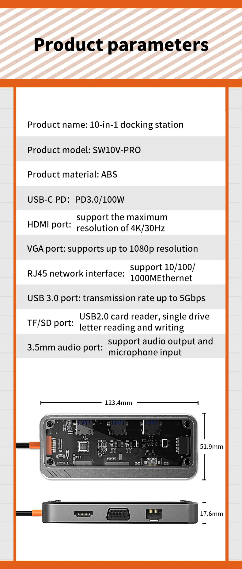 Basix USB C HUB 4K 30Hz Type C to HD-MI DP VGA Gigabit Ethernet USB 3.0 PD 100W Adapter For Macbook Air Pro M2 M1 PC Accessories