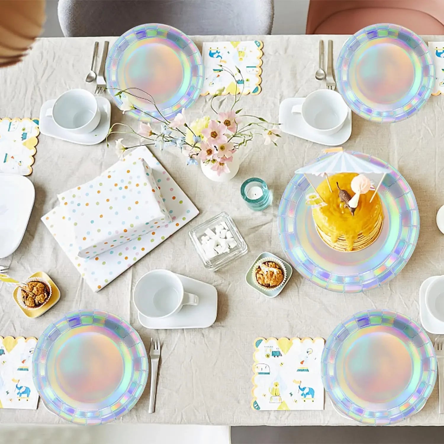 Iridescent Silver Holographic Party Tableware Set Disposable Paper Plates Cups Tablecloth for Birthday Wedding Y2K Disco Decor