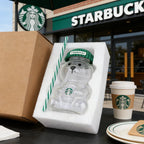 Starbucks Bearista Bear Clear Glass Tumbler 591ml 20oz Green Lid With Straw Cold Water Iced Coffee Home Café Gift