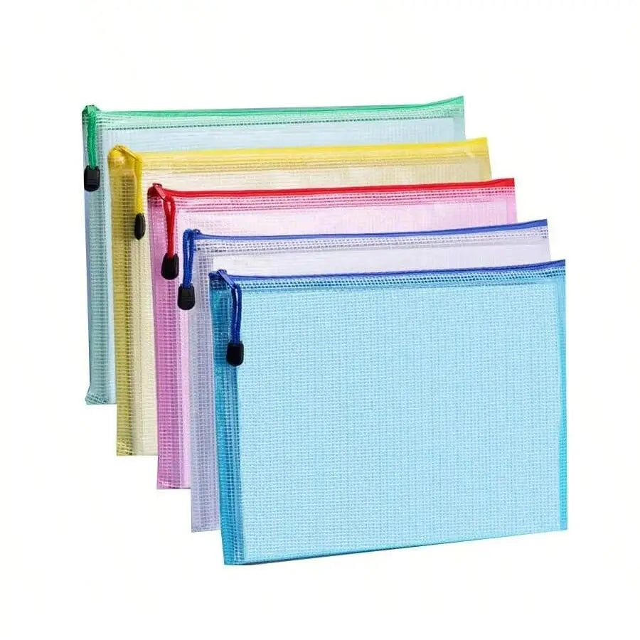 12pcs A4 Waterproof Zippered File Bags Plastic Mesh Bag for Travel Office Supplies 5 Colors