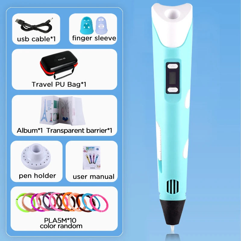 3D Pen With LCD Screen Compatible PLA Filament Toys 3D Drawing Printing Pen for Children DIY Christmas Birthday Gift