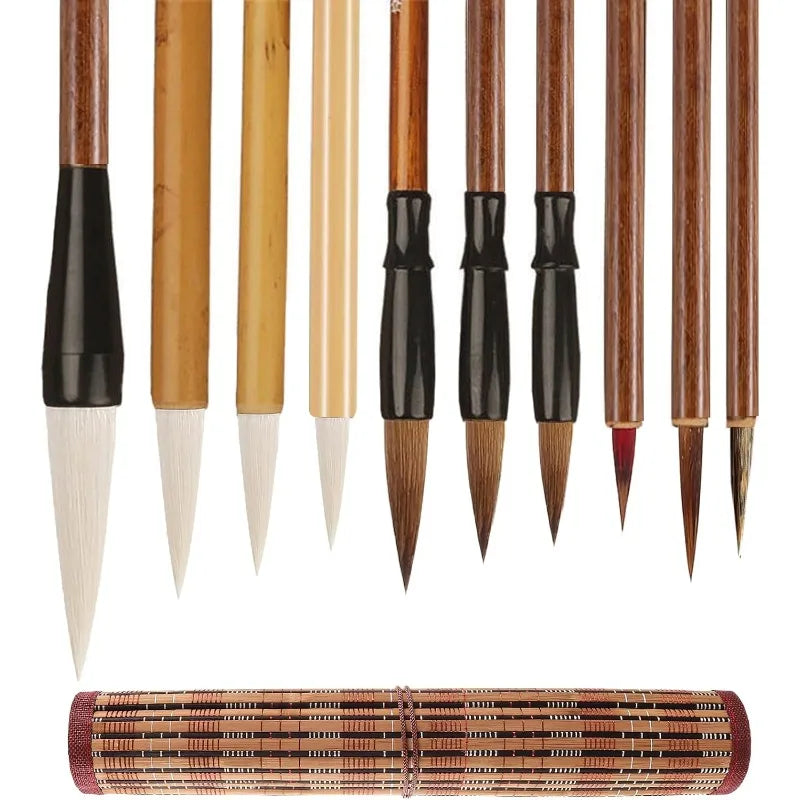 10-Piece Chinese Calligraphy Brush Set - Premium Writing Brushes for Beginners & Artists - with Roll-up Bamboo Brush Holder,