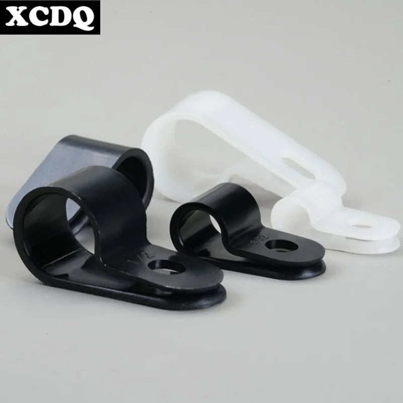 100pcs White R Shape Cable Clips Screw Fixing Nylon PA66 Plastic Desk Office Electric Wire Holder Fastener Management