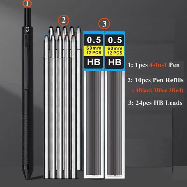 4 In 1 Multifunction Luxury Pen, 0.7mm 3 Color Ballpoint 0.5mm Mechanical Pencil, Gravity Sensor Metal Retractable Pens Długopis