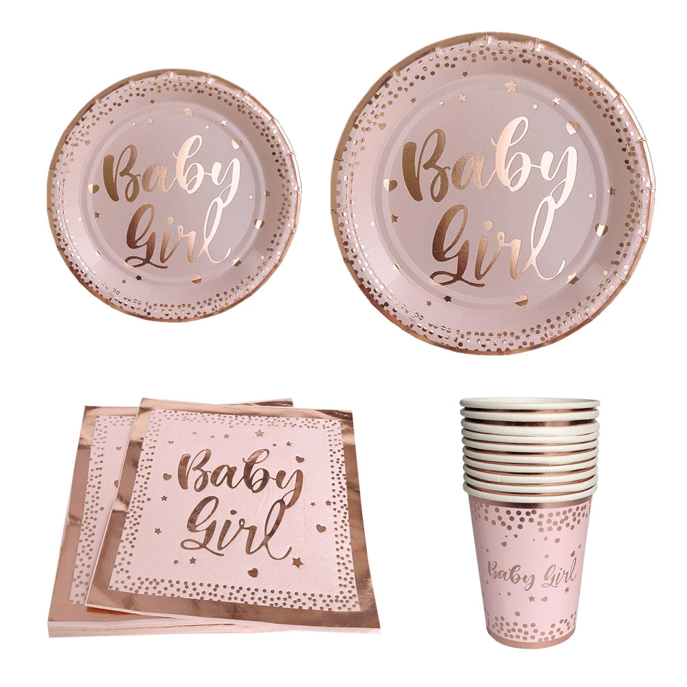 Rose Gold Party Disposable Tableware Set Light Powder Paper Plates Cups Straws Kids Birthday Party Decorations Babyshower Girl