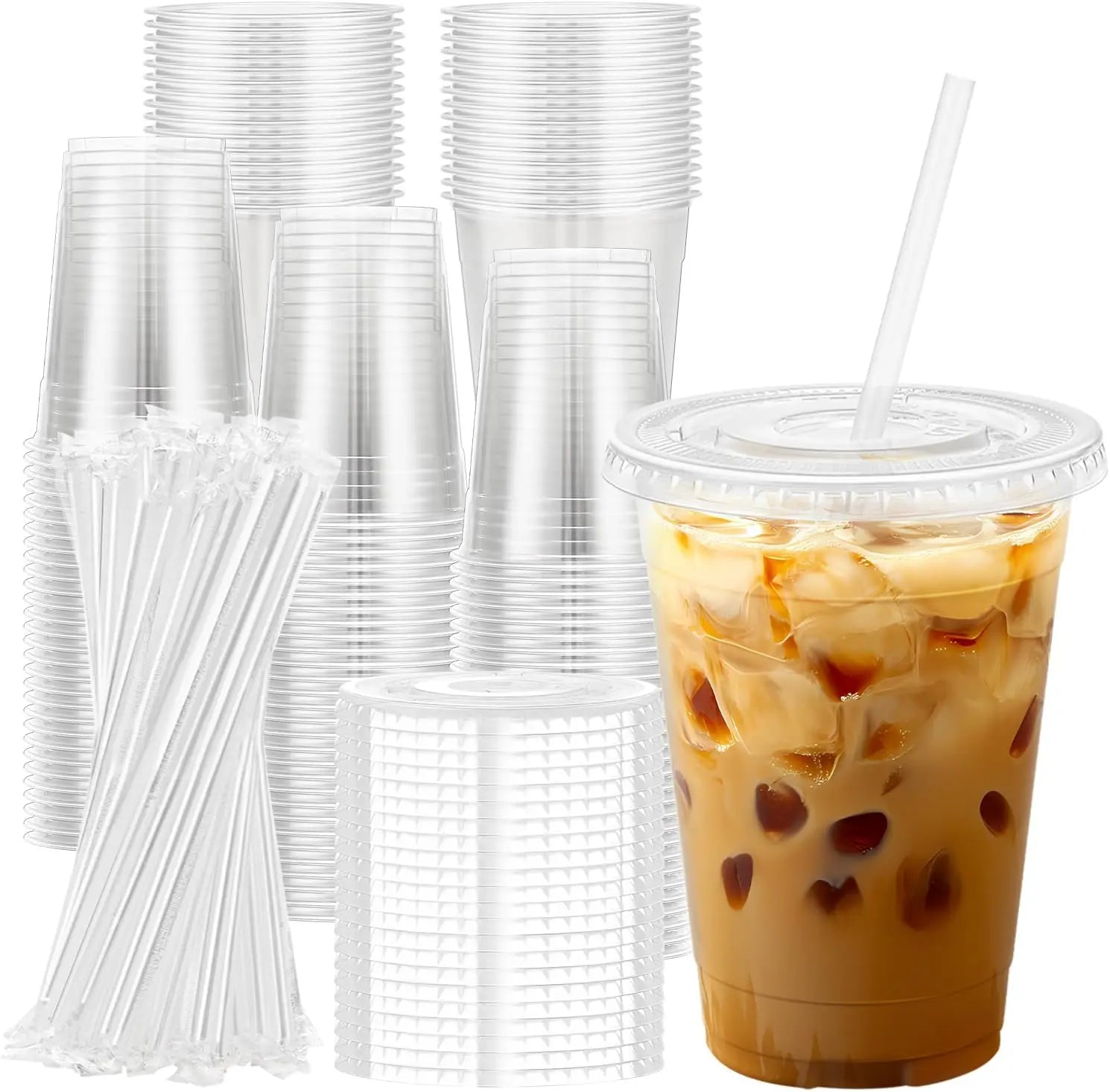 16 oz Clear Plastic Cups with Lids and Straws Disposable Plastic Coffee Cups with Lids for Iced Coffee Cold Beverages, Smoothie