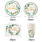 Green Eucalyptus Leaf Disposable Tableware Set Paper Plate Cup Napkin Kids Adult Birthday Supplies Hawaiian Summer Party Decor