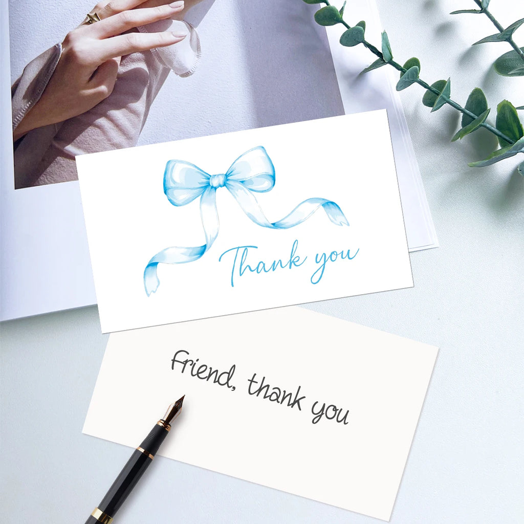 50pcs Watercolor Pink Blue Bowk Thank You Cards,Business Retail Customer Gift Wrapping Cards,Back Blank Note Greeting Small Card