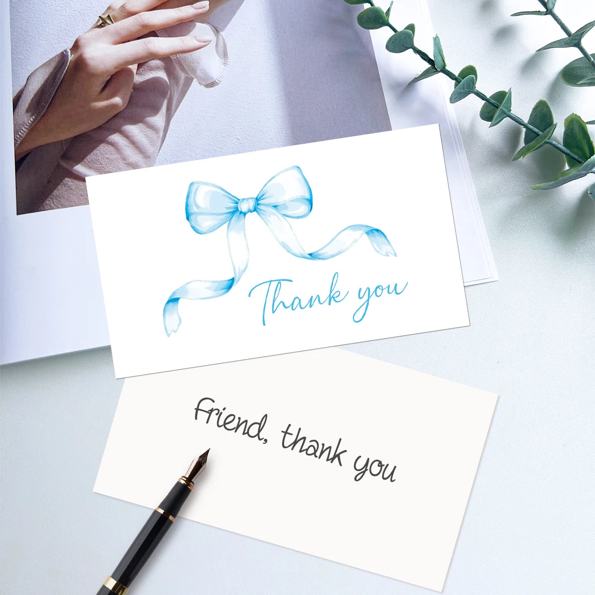 50pcs Watercolor Pink Blue Bowk Thank You Cards,Business Retail Customer Gift Wrapping Cards,Back Blank Note Greeting Small Card