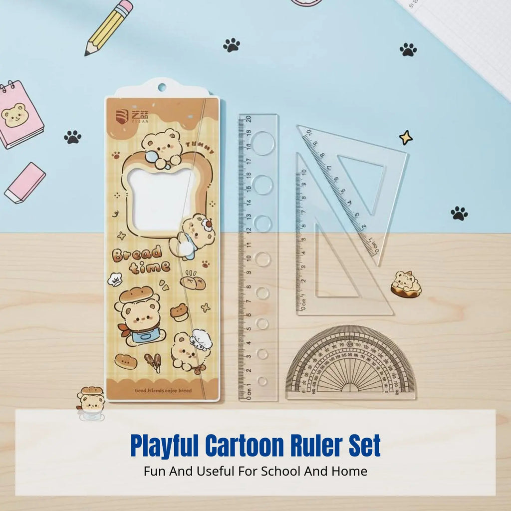 Cartoon Cat Ruler Set, Acrylic Geometry Tools, Student Stationery, Includes Triangle Ruler, Protractor, Straight Ruler, Cute