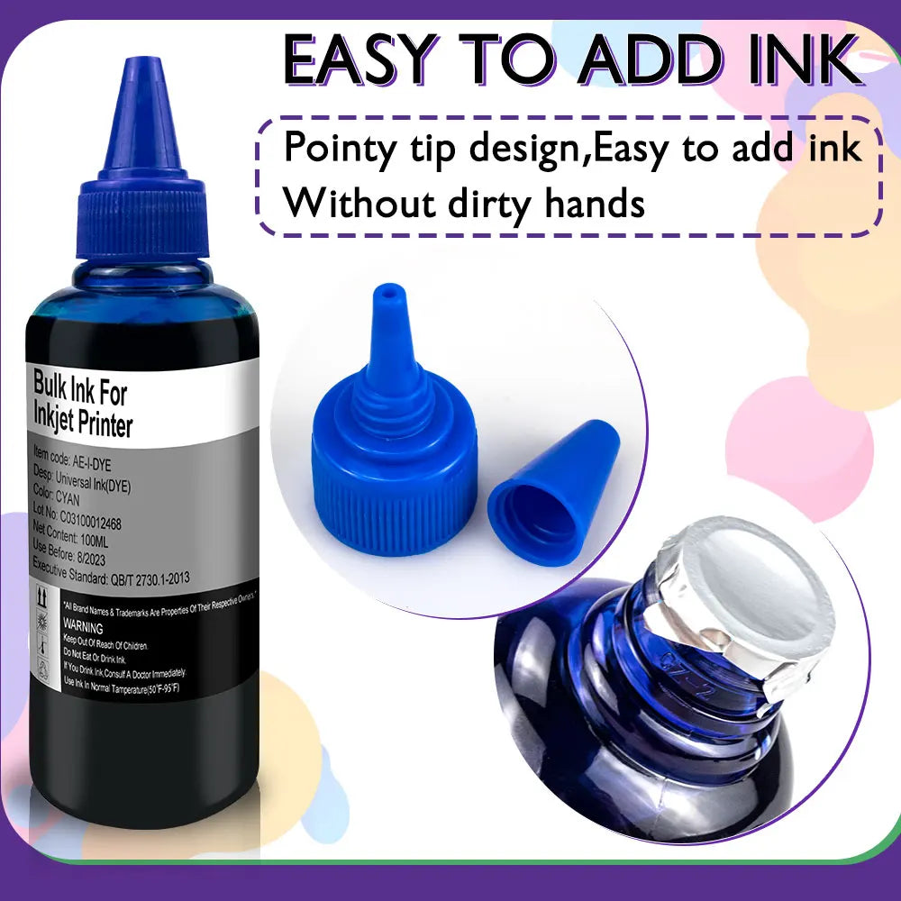 CRTBOTW Refill Dye Ink Kit For Canon HP Epson Brother Printer & Cartridge CISS Ink and refillable Compatible dye ink Eco tank