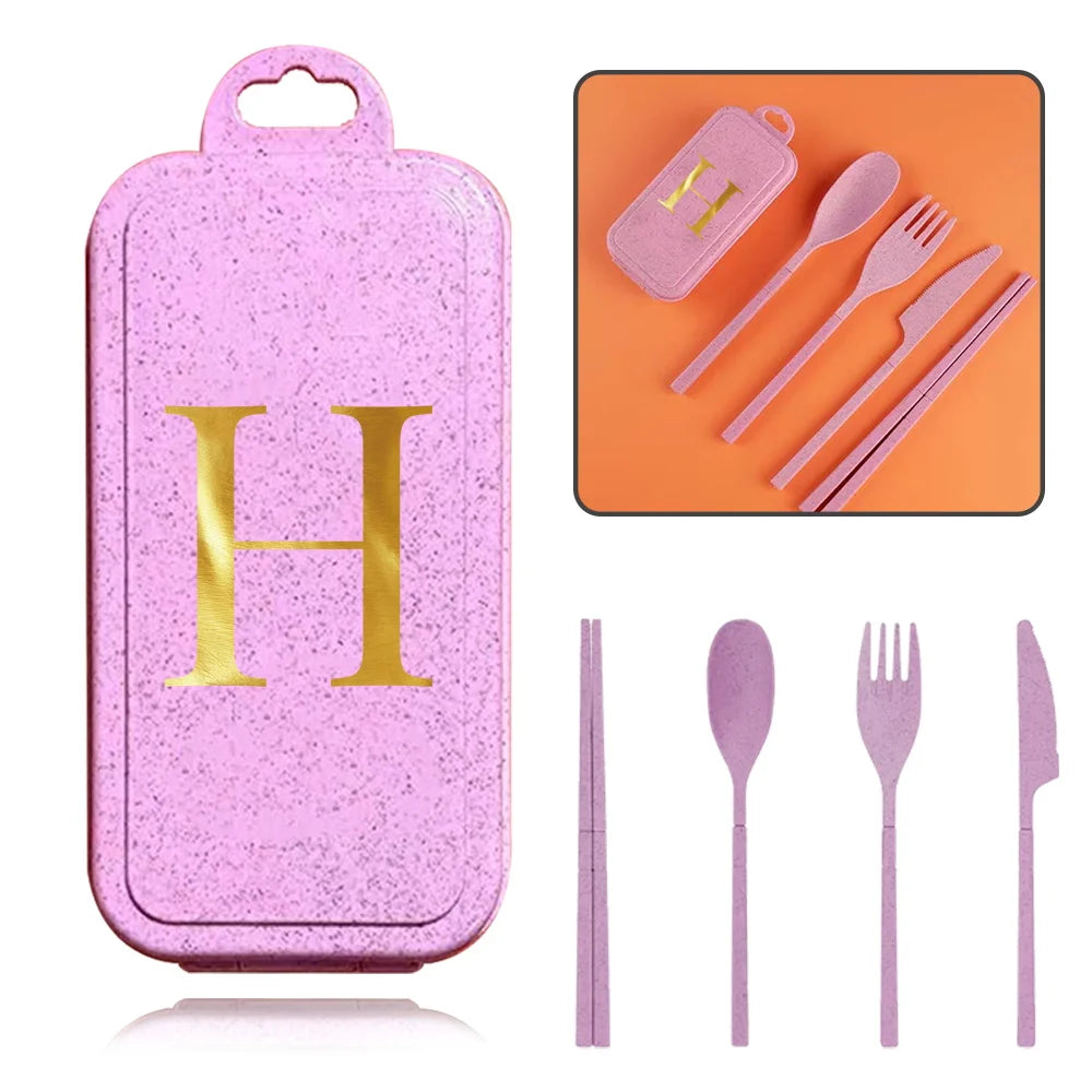 4Pcs Removable And Reusable Dinnerware Sets Spoon Knife Fork Chopsticks Organizer Case Tableware With Storage Box Letter Pattern