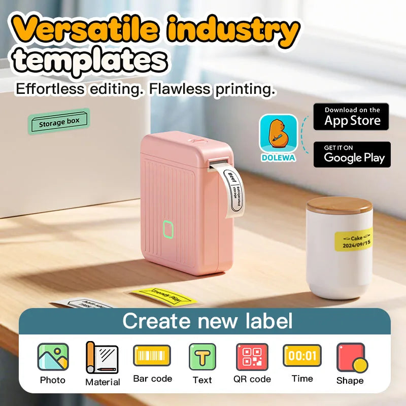 DOLEWA T01 Label Printer Portable Mini Thermal Printer Without Ink Bluetooth Wireless Labeling Machine DIY Barcode Sticker