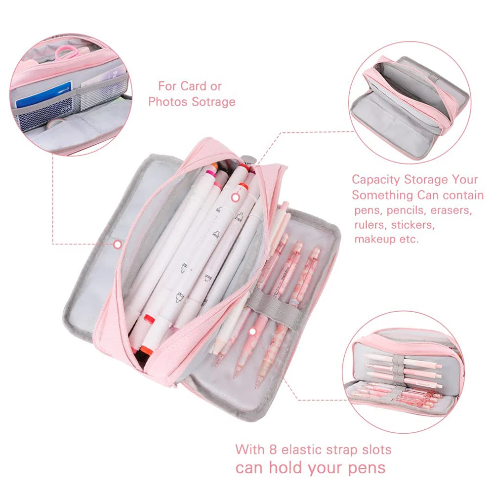 Large Capacity Pencil Case 3 Compartment Multifunctional Pen Bag for Girls Boy School Student Office Stationery Organizer