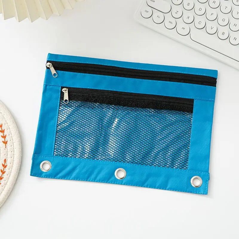 Double Zipper Pen Bag 3 Rings Binders Pencil Case File Bag Pencil Box For Erasers Rulers Markers Storage