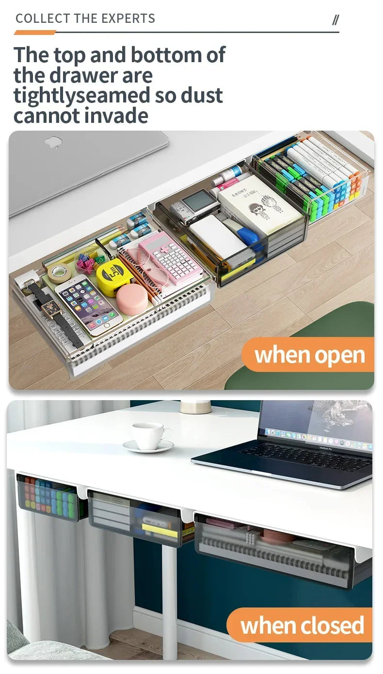 Hidden Under Desk Drawer Storage Office Organizer Desk Self Adhesive Drawers Plastic Undertable Accessories Storage Box Drawe