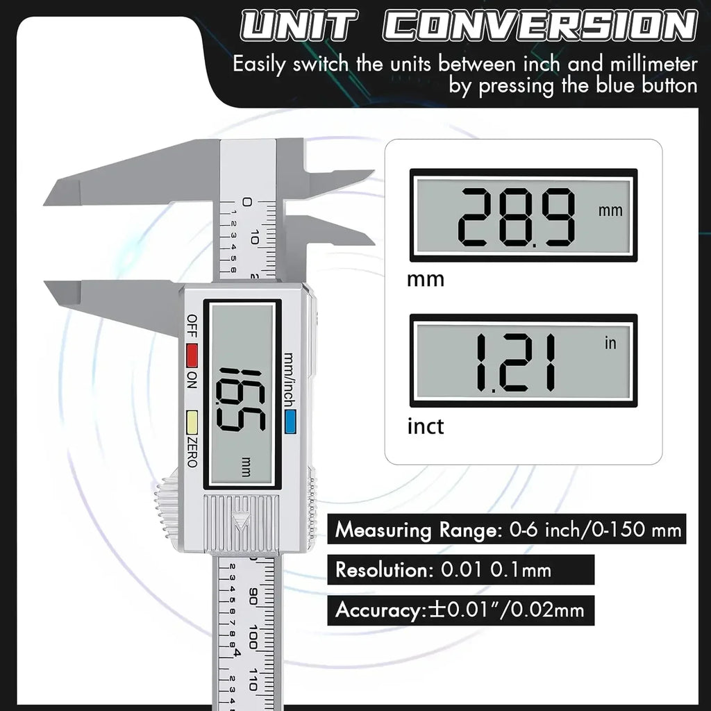 Electronic Digital Caliper, Inch and Millimeter Conversion, LCD Screen Display 0-6” Caliper Measuring Tool, Auto Power Off