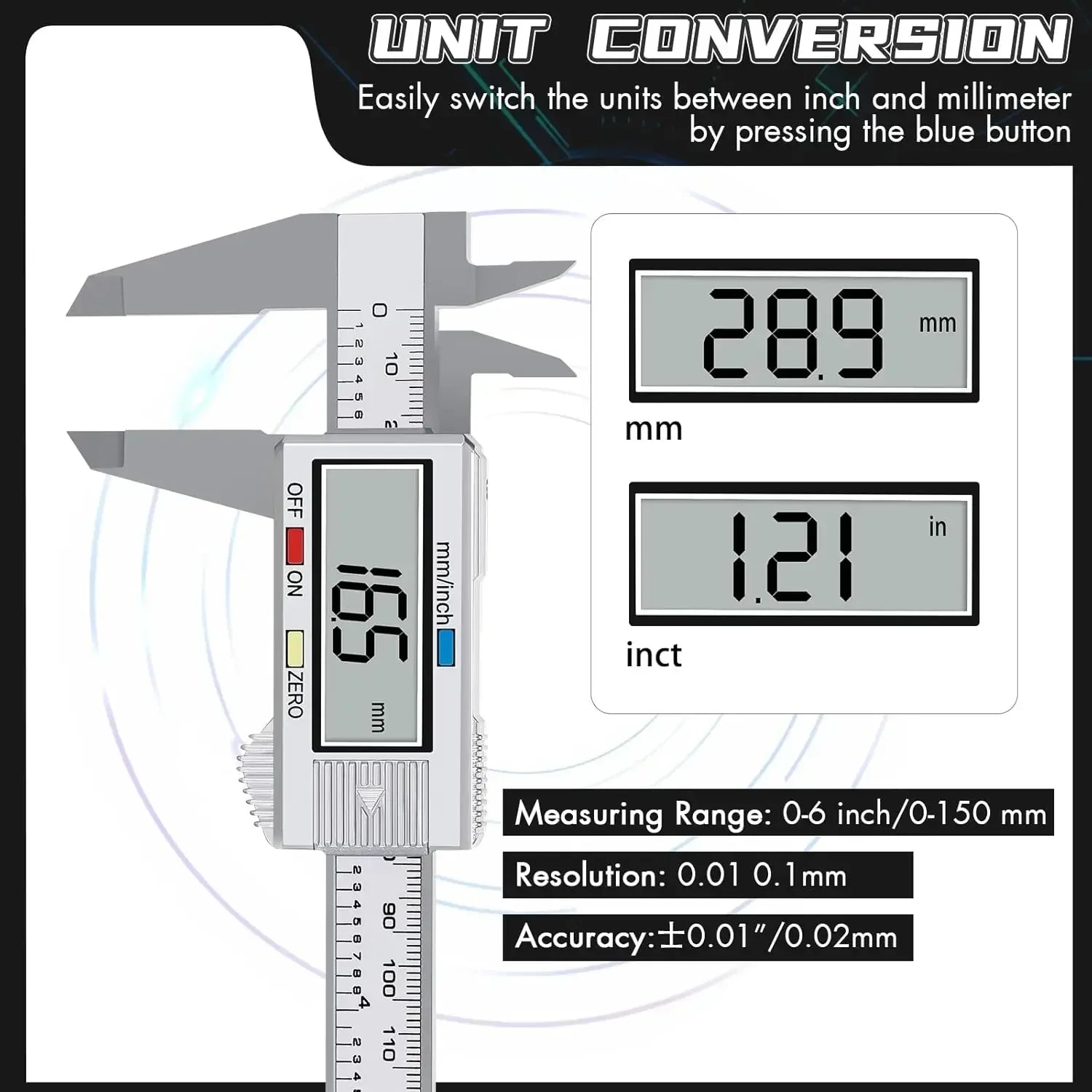Electronic Digital Caliper, Inch and Millimeter Conversion, LCD Screen Display 0-6” Caliper Measuring Tool, Auto Power Off