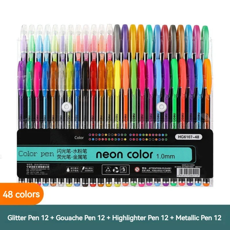12-60Pcs Metallic Glitter Colors Gel Pens 100 Colored Refills Rod Stationery Highlighter School Coloring Drawing Art Markers