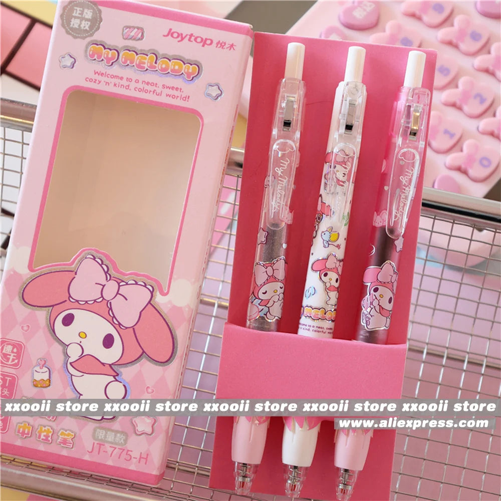 Genuine 3Pcs Kawaii Sanrio 0.5mm Gel Pens Cute Hello Kitty Cinnamoroll Kuromi Black Pen School Student Stationery Supplies Gifts