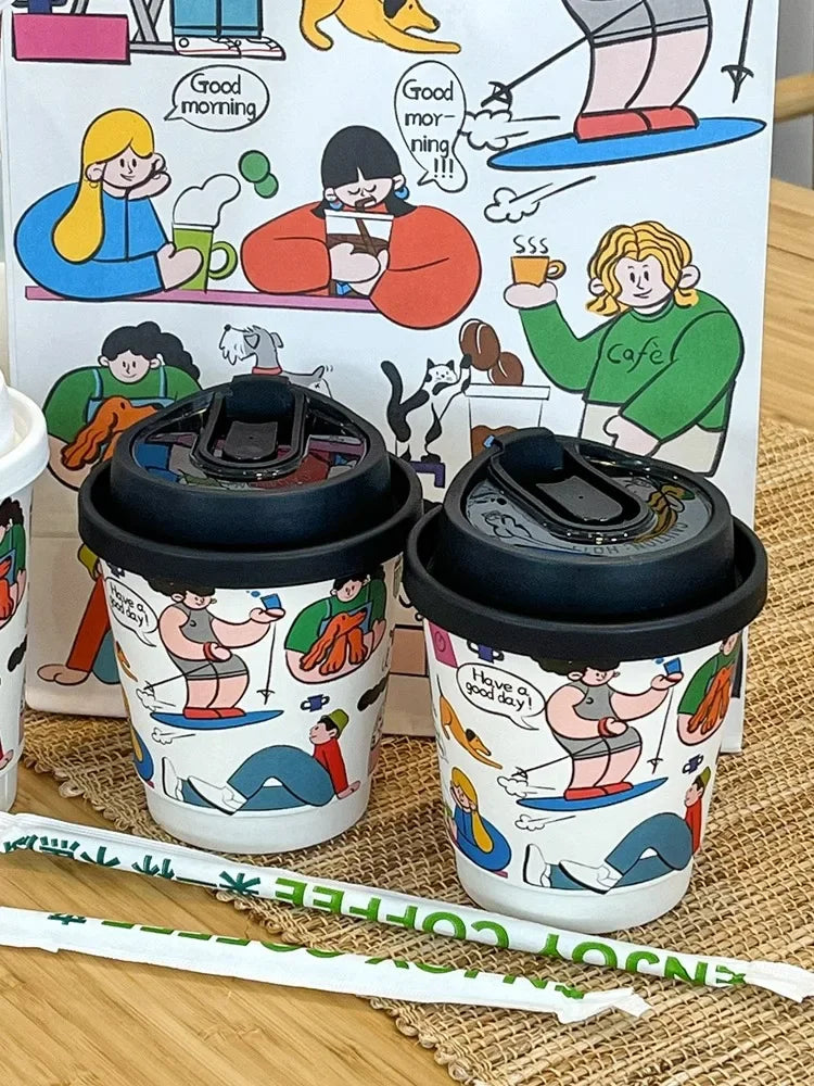 50pcs Cartoon Graffiti Coffee Cups 90 Caliber Disposable Fresh Milk Juice Paper Cup Milk Tea Hot Drink Takeaway Packaging Cup