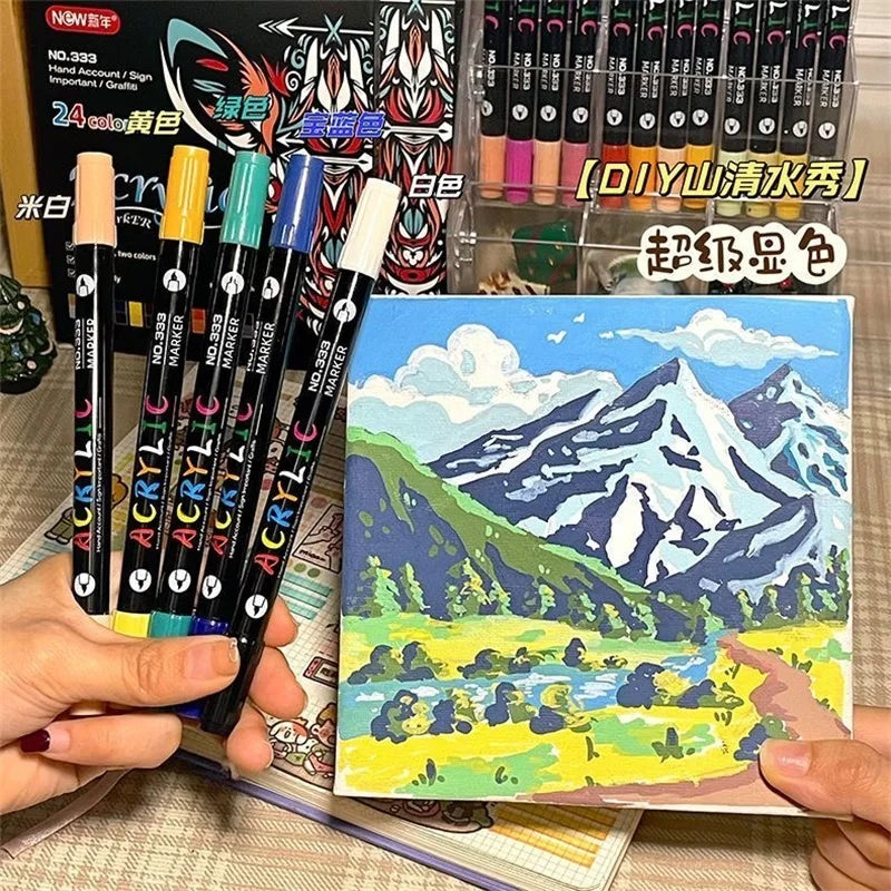 Professional Art Use 24-120Colors Acrylic Paint Markers, Dual-Tip Fine and Brush Tip Pens, Suitable for Stone, Wood, Calligraphy