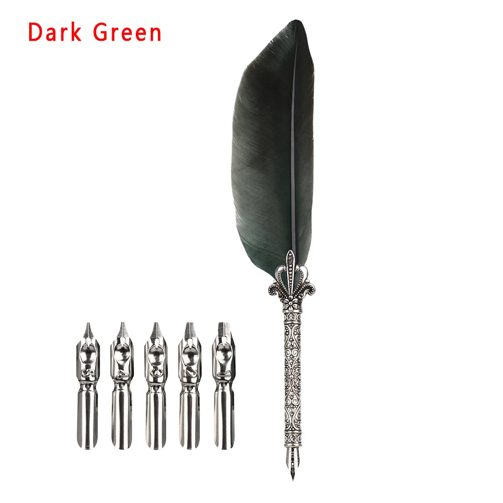 1 Set New Luxury Feather Pen 5 Nib Vintage Quill English Calligraphy Signature Pen European Gift Box Scuba Dive Writing Tools