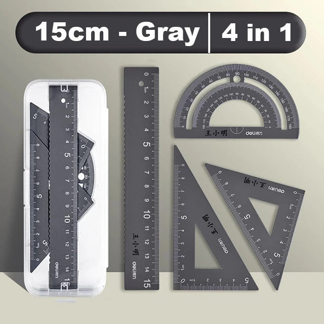 Deli 4Pcs Metal Ruler Set Multifunctional Straight Triangle Ruler Protractor Math Geometry Kit for School Kids Drawing Measuring