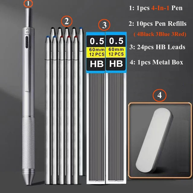 Multifunctional 4-color-in-one gravity-sensing pen metal ballpoint pen/Mechanical Pencil,Black/Red/Blue Ink Oil Signing canetas