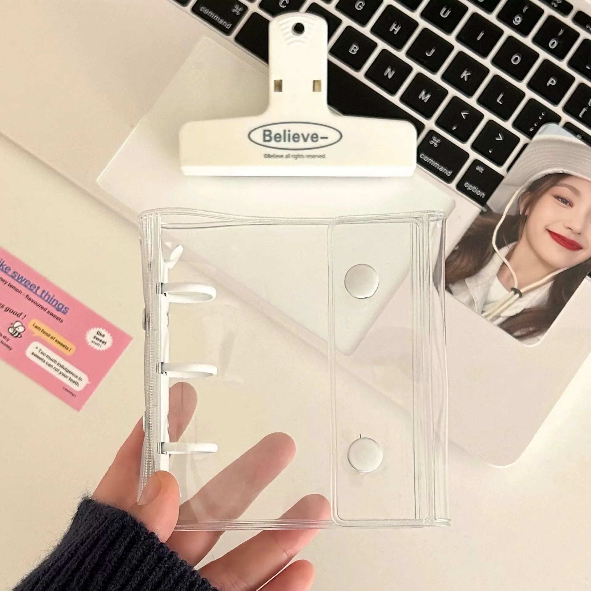Mini Transparent 3 Ring Binder Covers, Beaded Storage Soft Notebook Closure Loose Leaf Folder Round Ring Cover Protector Button