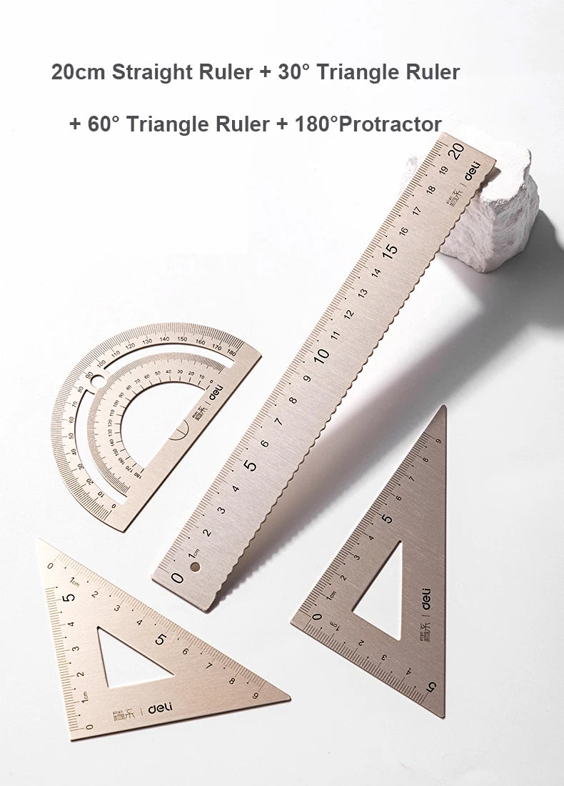 Deli 4Pcs Student Stationery Set Triangle Ruler Straight Ruler Grid Ruler Angle Measuring Tool Aluminum Alloy Material