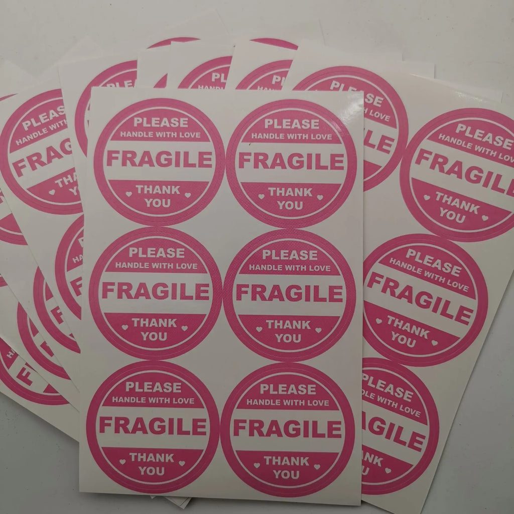 60 PCS 2 inch Pink Round Do Not Crush Bend or Fold Handle with Love Stickers Shipping Mailing Cartons Envelops Adhesive Labels
