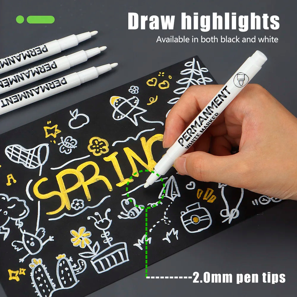 3/6/12 Pcs Waterproof Marker Pen White Black Inks  2mm Tip For Rock Painting Stone Ceramic Glass Wood Tire Fabric Metal Canvas