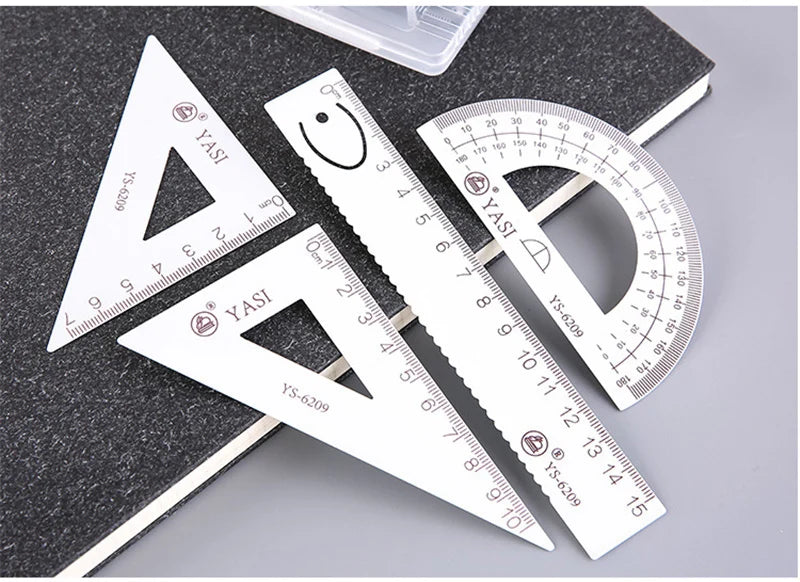 4 Pcs/Set Math Sets Metal Ruler Triangle Ruler Protractor with Box for School Student Geometry Sets