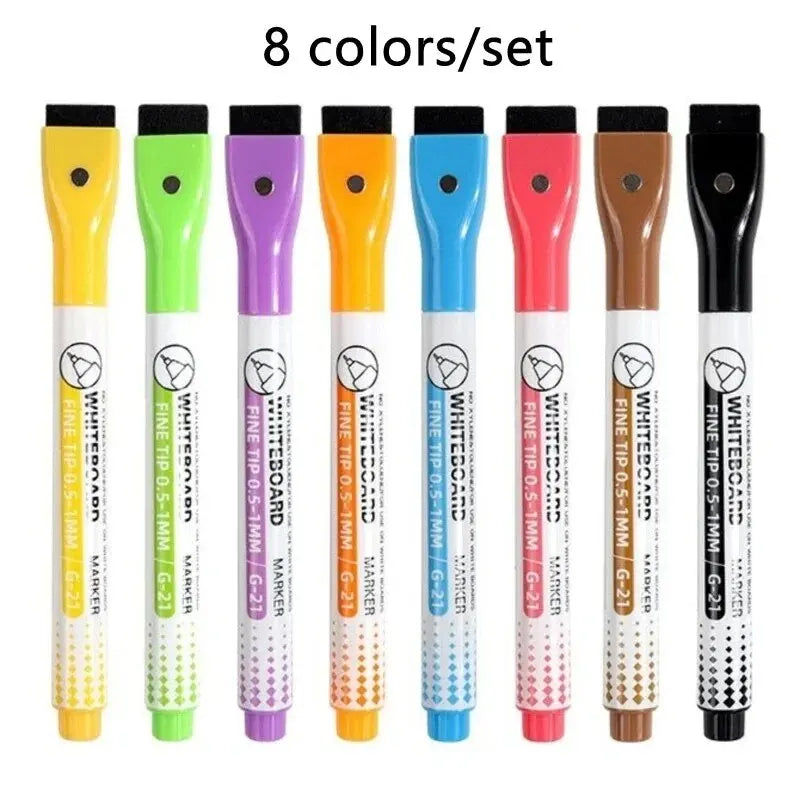 8 Colors 0.5mm Magnetic Dry Erase Markers Whiteboard Marker Pen For Office School Home Office Extra Fine Tip Colored Pens