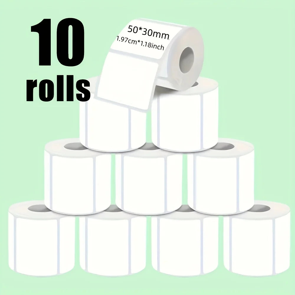 10 Rolls 50x30mm White Self-Adhesive Thermal Labels for Portable Handheld Printers Barcode Shipping Address Stickers Easy Clean