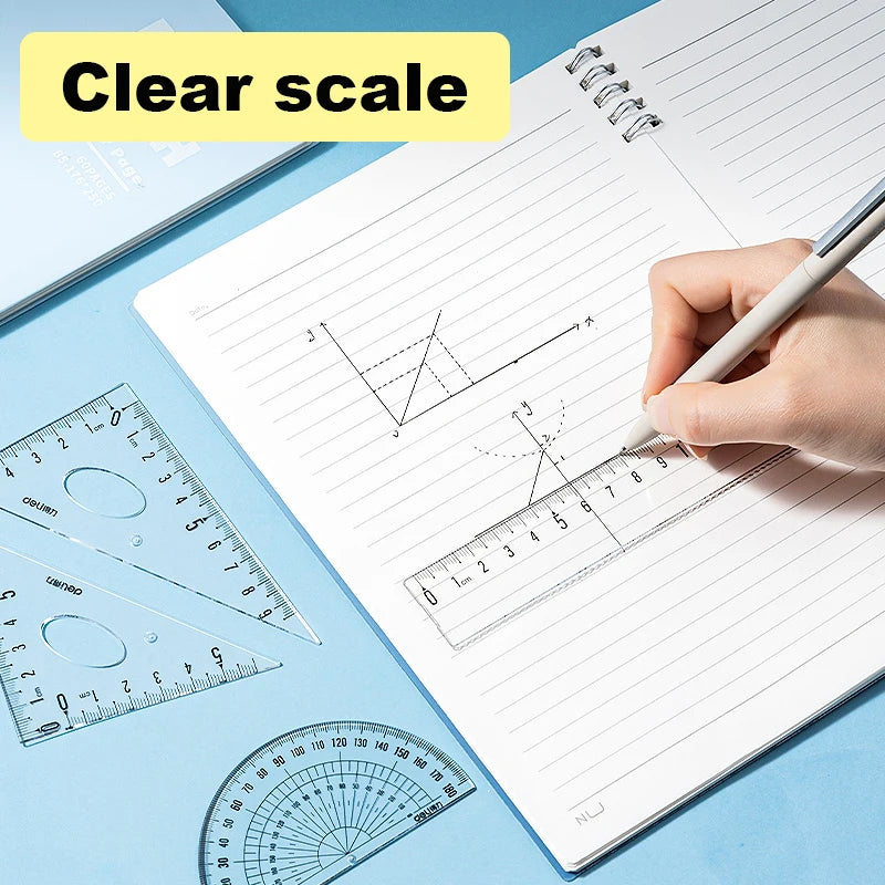 Deli 4Pcs Student Ruler Set Transparent Plastic Straight Ruler Triangle Protractor for Kids School Office Home Supplies