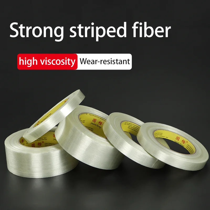 10M-20M Striped Fiber Tape Lithium Battery Pack Insulation Wrap Fiberglass Transparent Single Side Adhesive Seal Packaging Fixed
