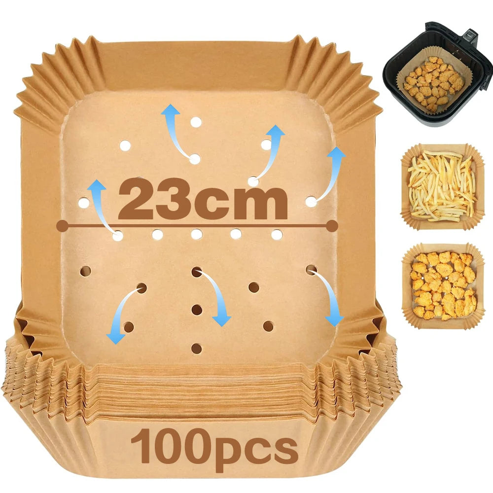 50/100PCS Perforated Square 23cm/20cm XXL Disposable Air Fryer Parchment Paper for Ninja, Corsori, Instant Vortex, Dash